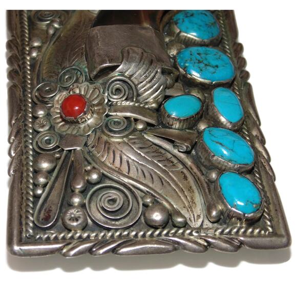 Vintage Navajo B. Begays Sterling Silver Coral Claw Turquoise Large Belt Buckle - Picture 3 of 5